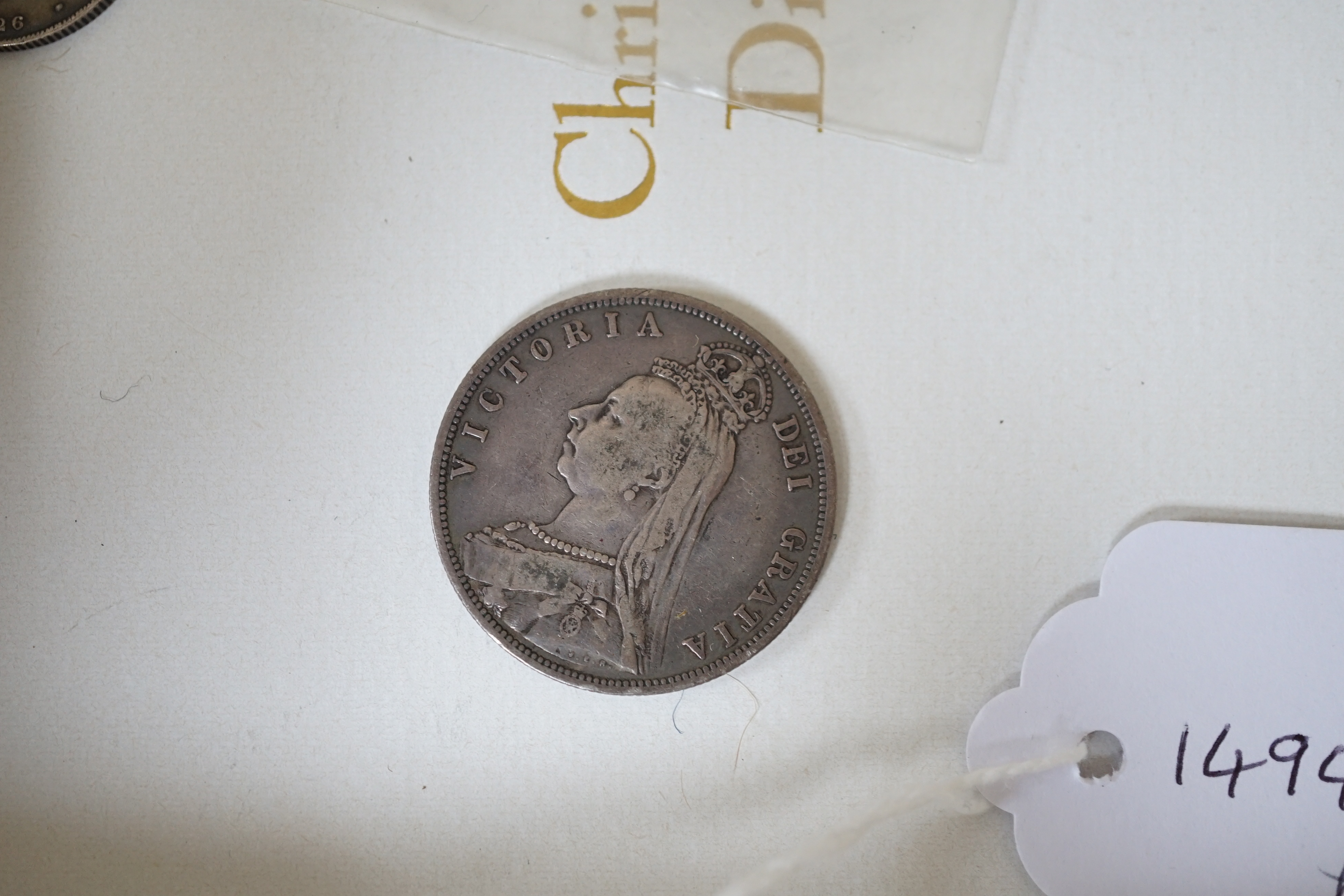 British silver coins, Victoria Maundy coin set, 1d - 4d, 1901, UNC, cased, 1895 crown, good fine, 1889 double florin, 1887 halfcrown, George IV shilling 1826, George V Crown, 1928, good VF, toned, and other various coins